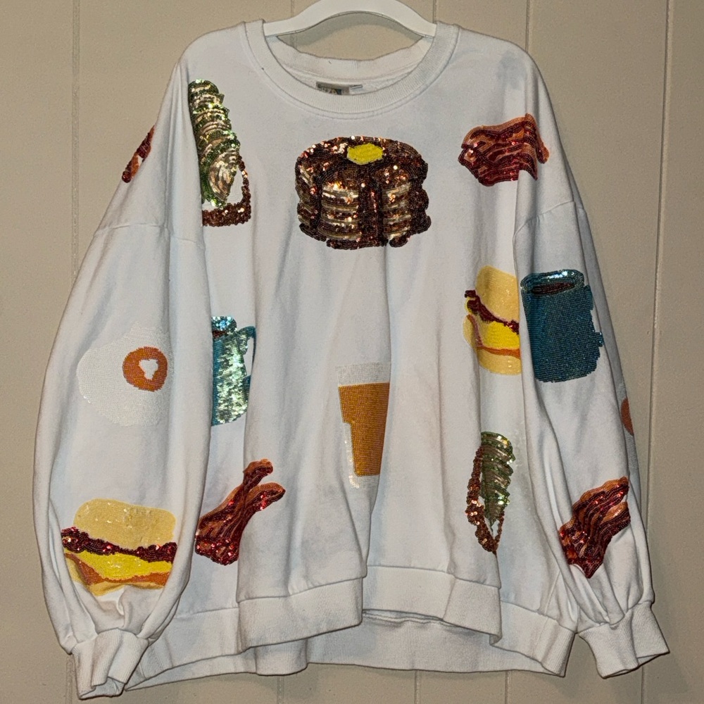 QUEEN OF SPARKLES Breakfast Sequin Sweater - White and Multicolor - Picture 2 of 2